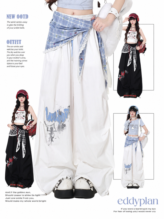 Plaid Scarf Layered Wide-Leg Cargo Pants