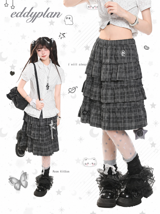 Vintage Gray Plaid Tiered Ruffle Midi Skirt
