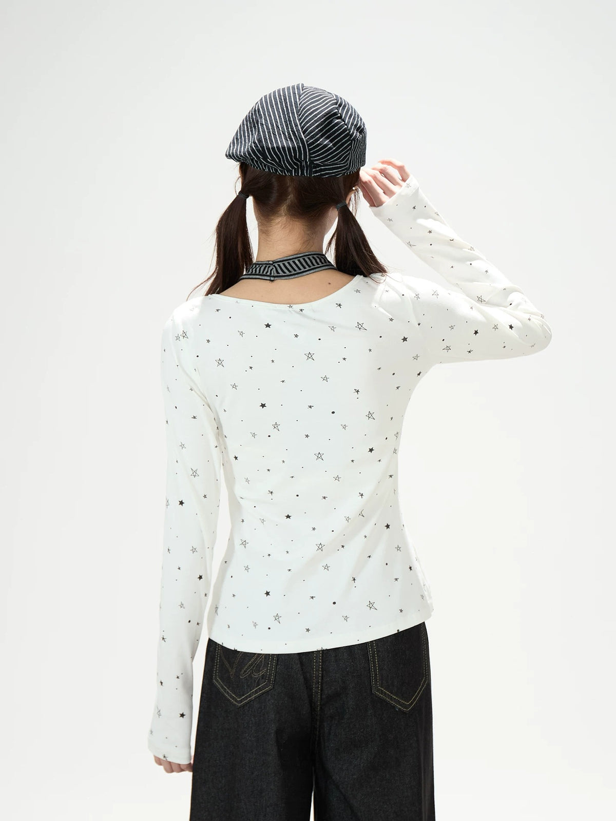 Star Music Note Halter Layered Long Sleeve Top & Black Wide-Leg Pants