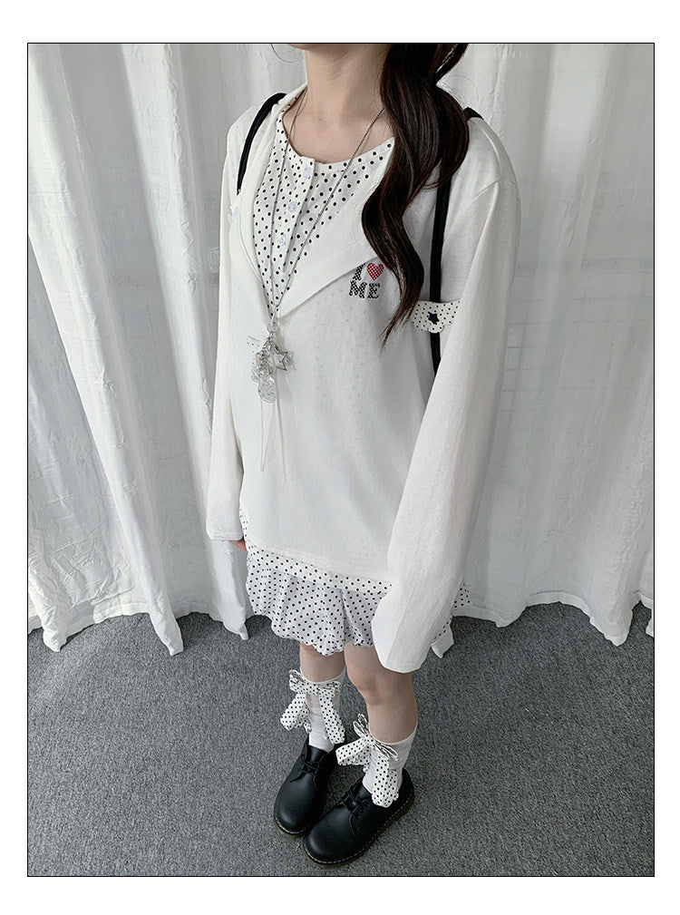 Polka Dot Layered Henley Long Sleeve Top