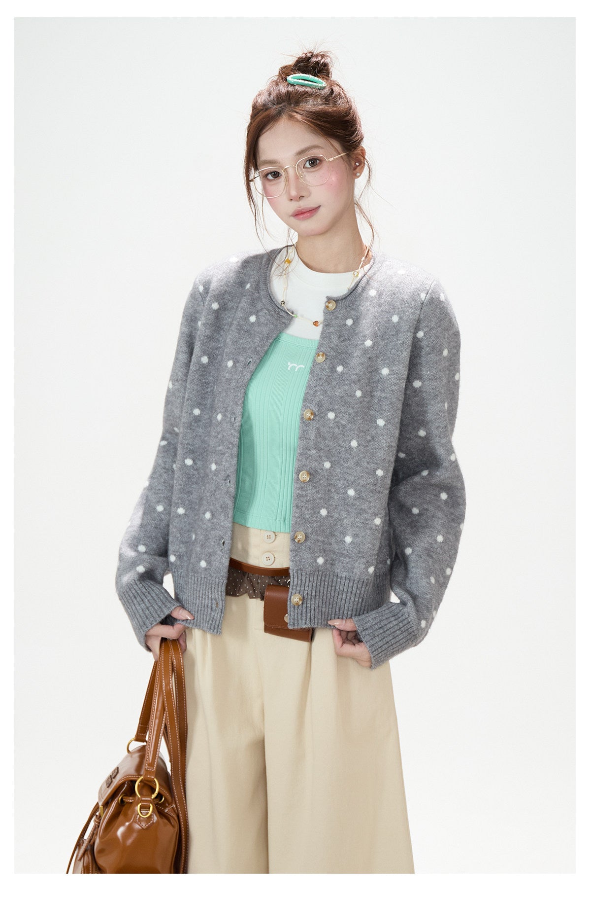 Polka-Dot Jacquard Knit Cardigan & Washed Flare Jeans