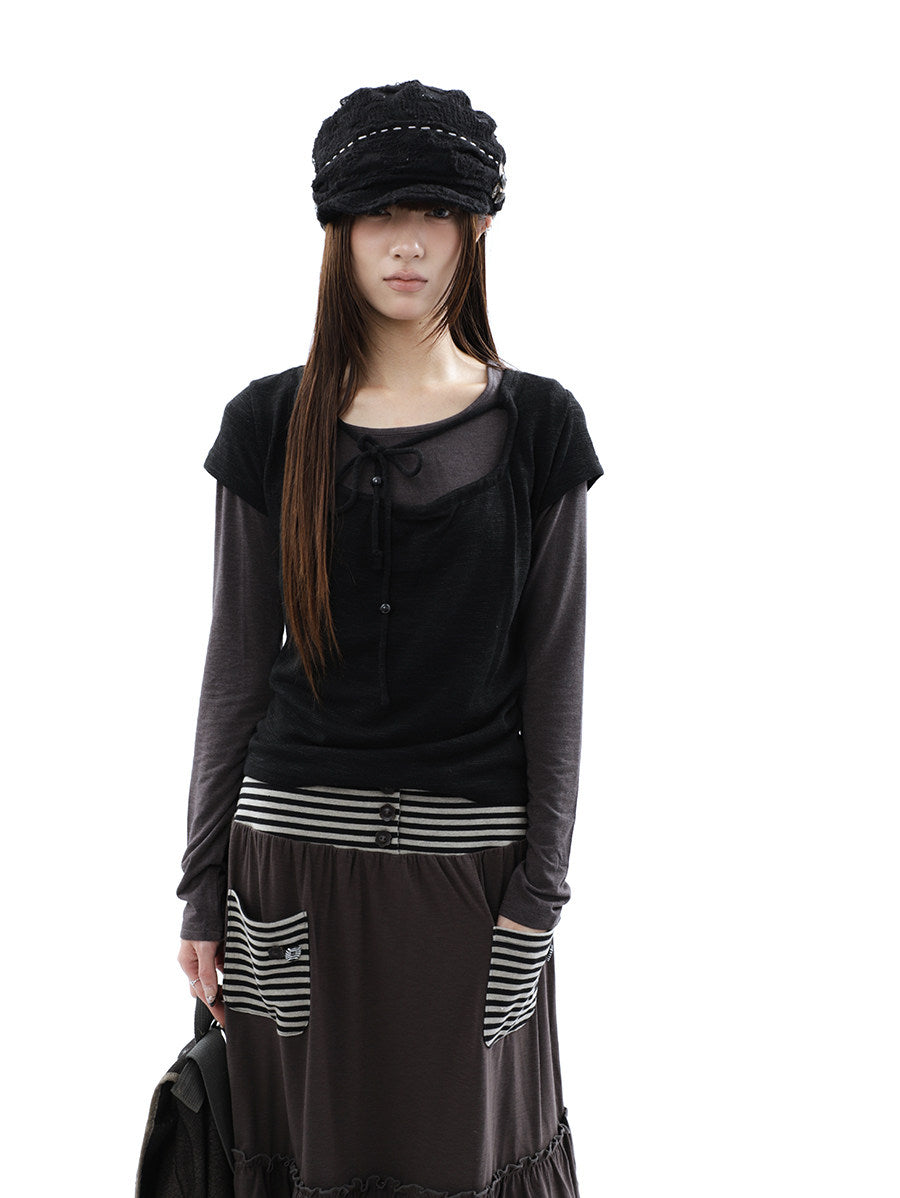 Tie-Front Textured Top & Long Sleeve Two-Piece Set