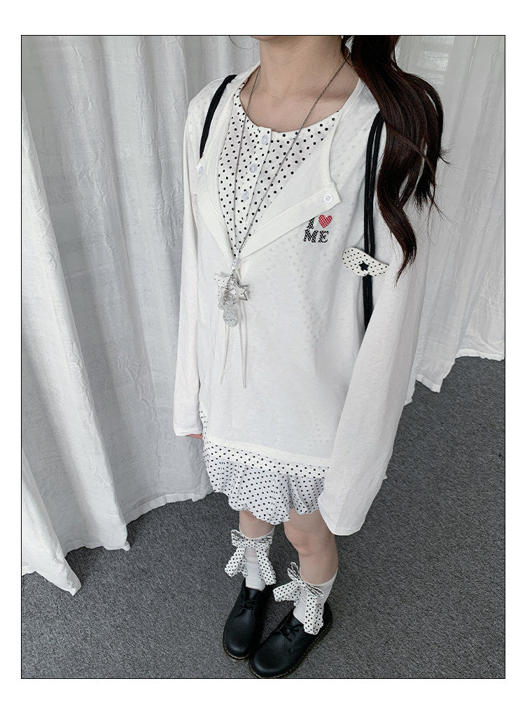 Polka Dot Layered Henley Long Sleeve Top