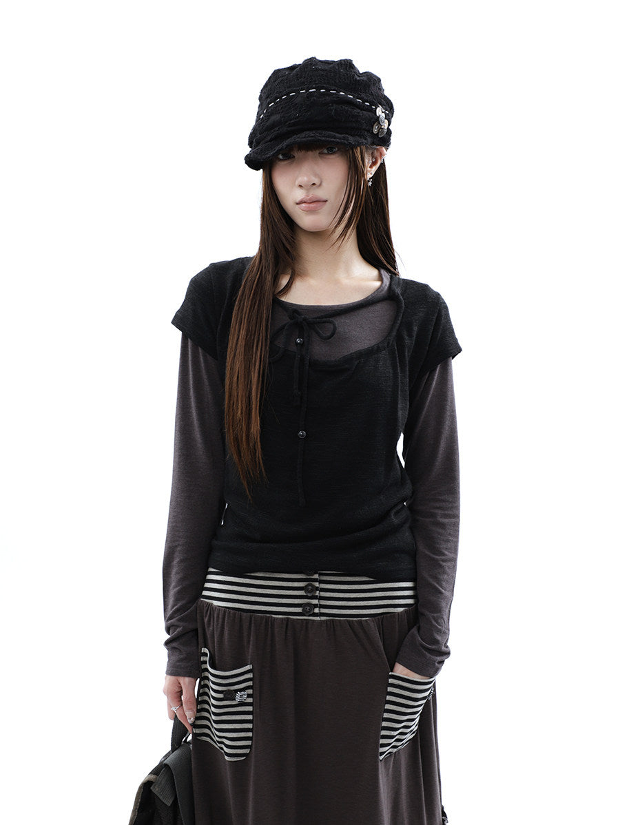 Tie-Front Textured Top & Long Sleeve Two-Piece Set