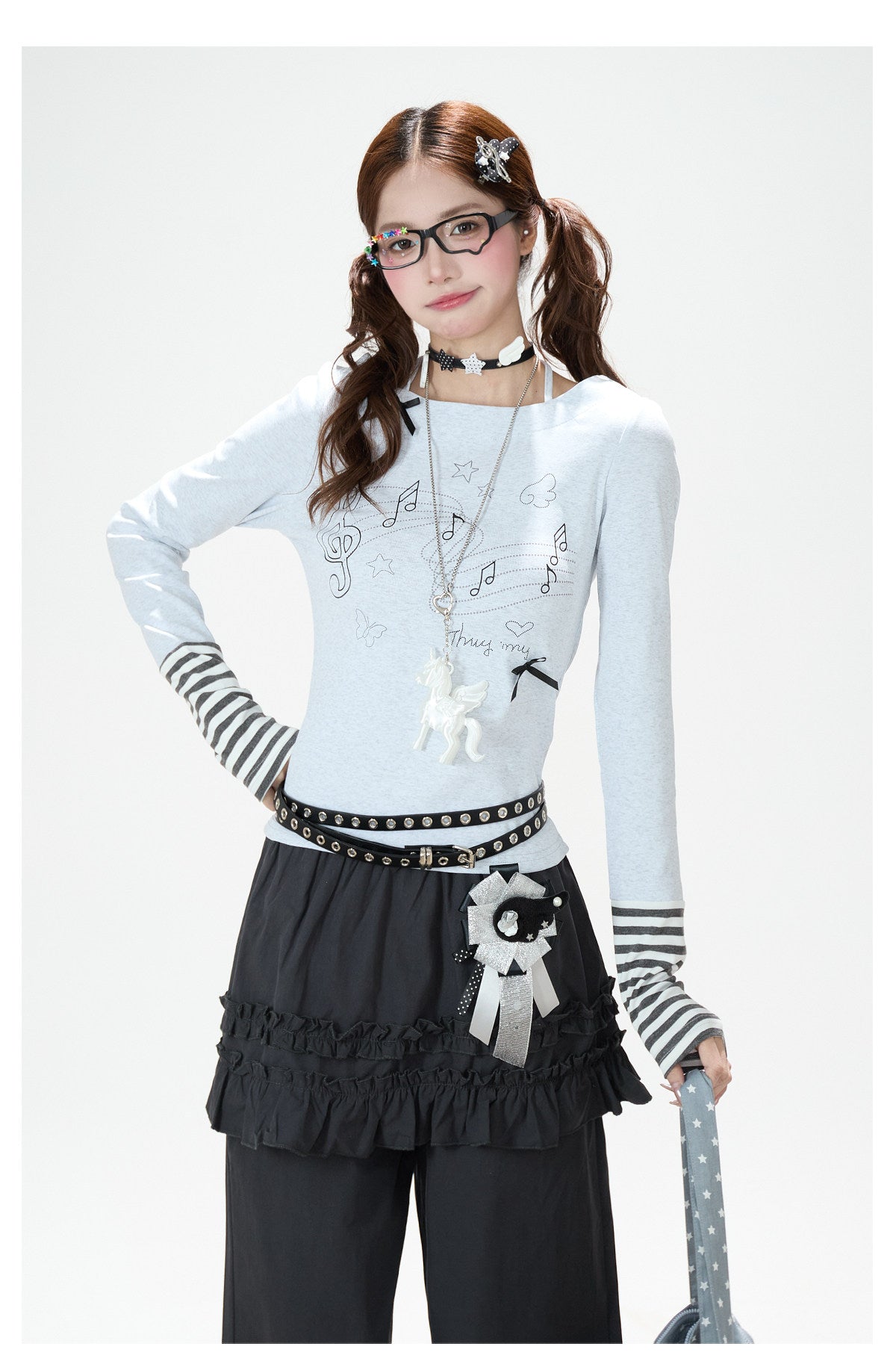 Music Note Bow Stripe-Cuff Long Sleeve Top & Ruffle Overlay Wide-Leg Pants
