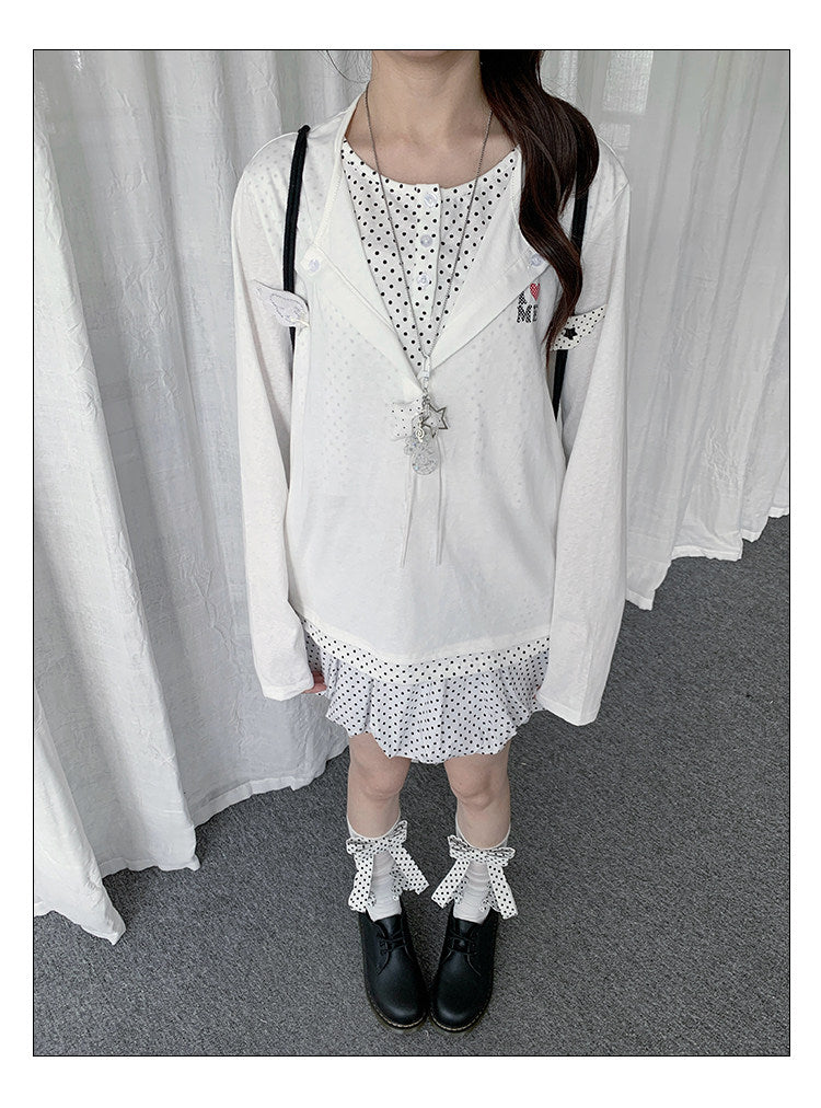 Polka Dot Layered Henley Long Sleeve Top