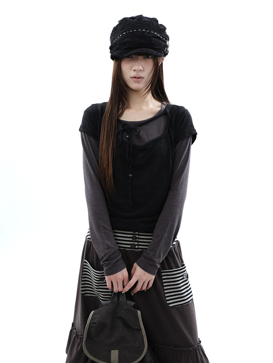 Tie-Front Textured Top & Long Sleeve Two-Piece Set