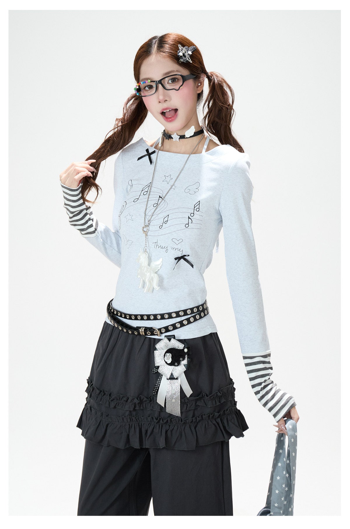 Music Note Bow Stripe-Cuff Long Sleeve Top & Ruffle Overlay Wide-Leg Pants