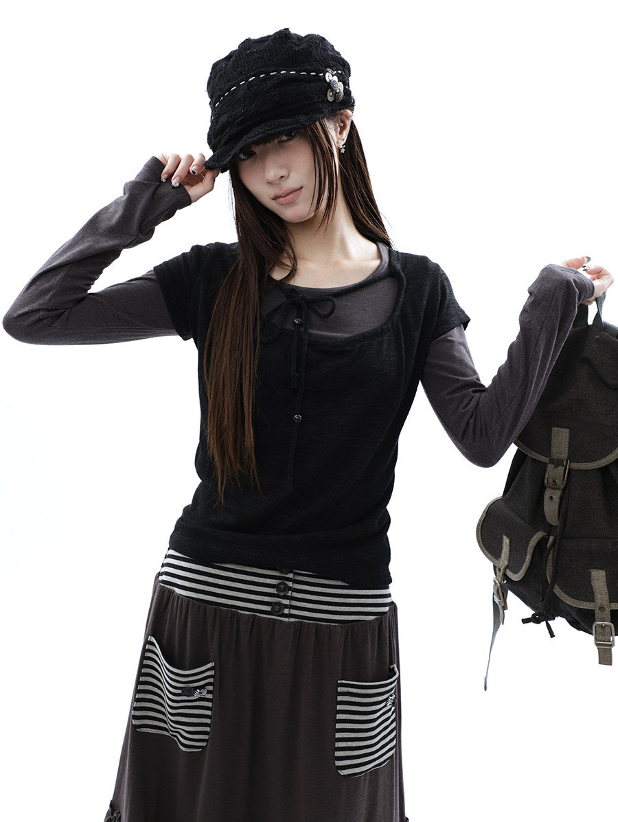 Tie-Front Textured Top & Long Sleeve Two-Piece Set