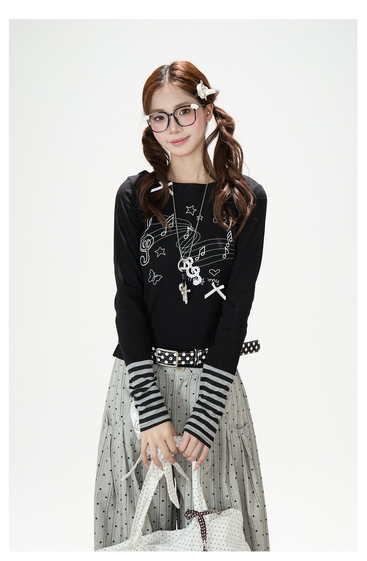 Music Note Bow Stripe-Cuff Long Sleeve Top & Ruffle Overlay Wide-Leg Pants