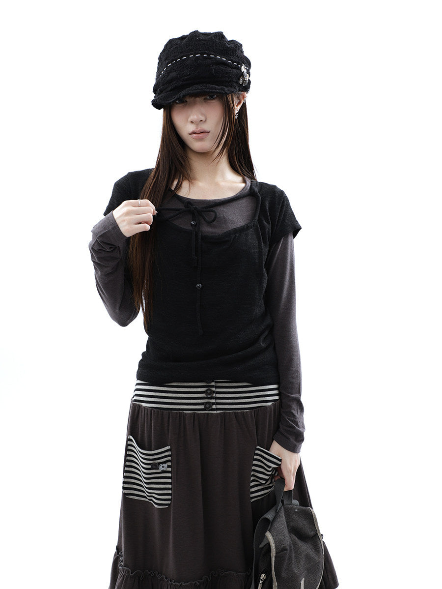 Tie-Front Textured Top & Long Sleeve Two-Piece Set