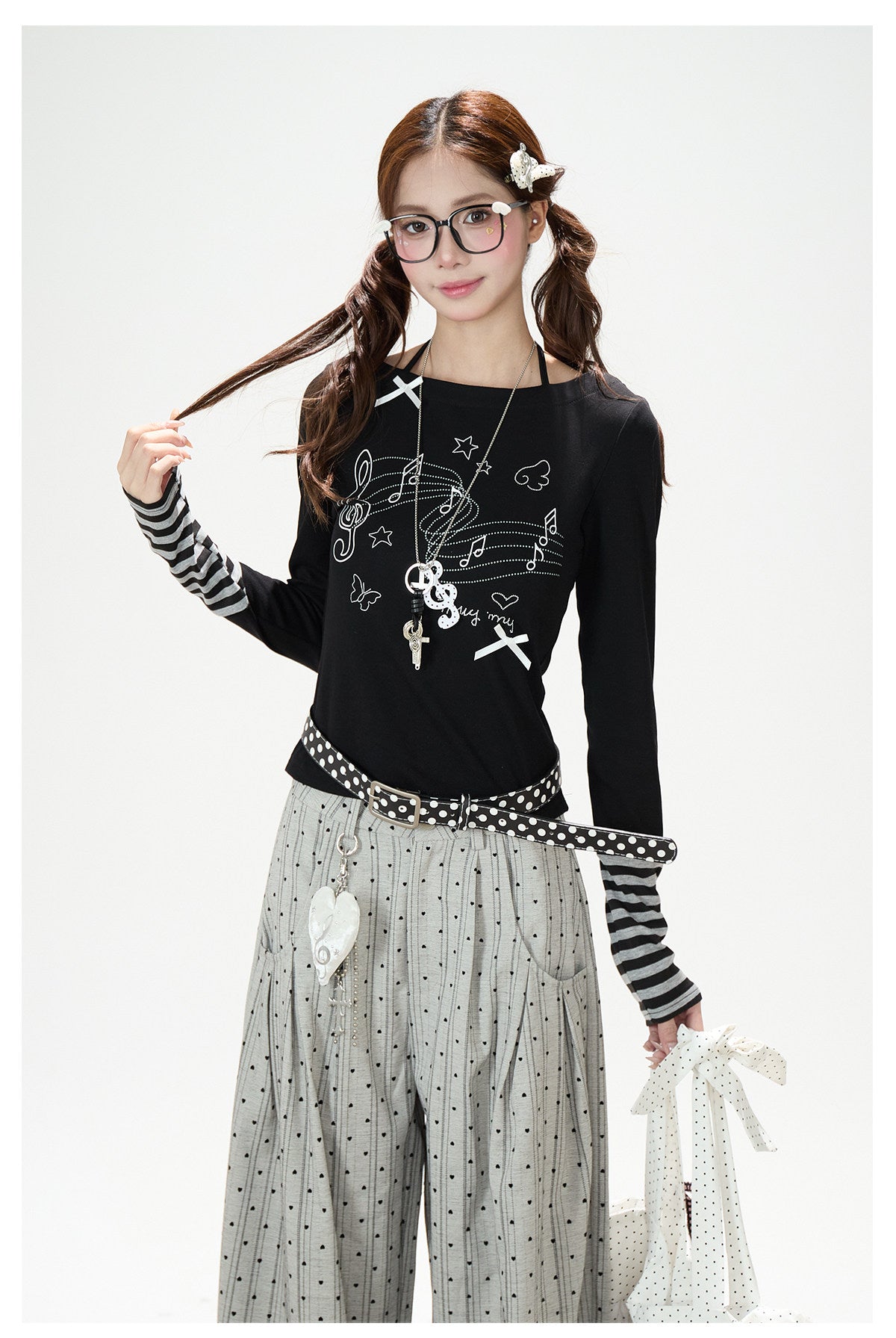 Music Note Bow Stripe-Cuff Long Sleeve Top & Ruffle Overlay Wide-Leg Pants