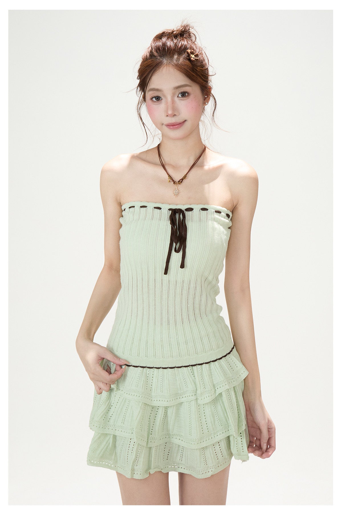 Pointelle Bow Cardigan & Cami Knit Set & Tiered Ruffle Mini Skirt