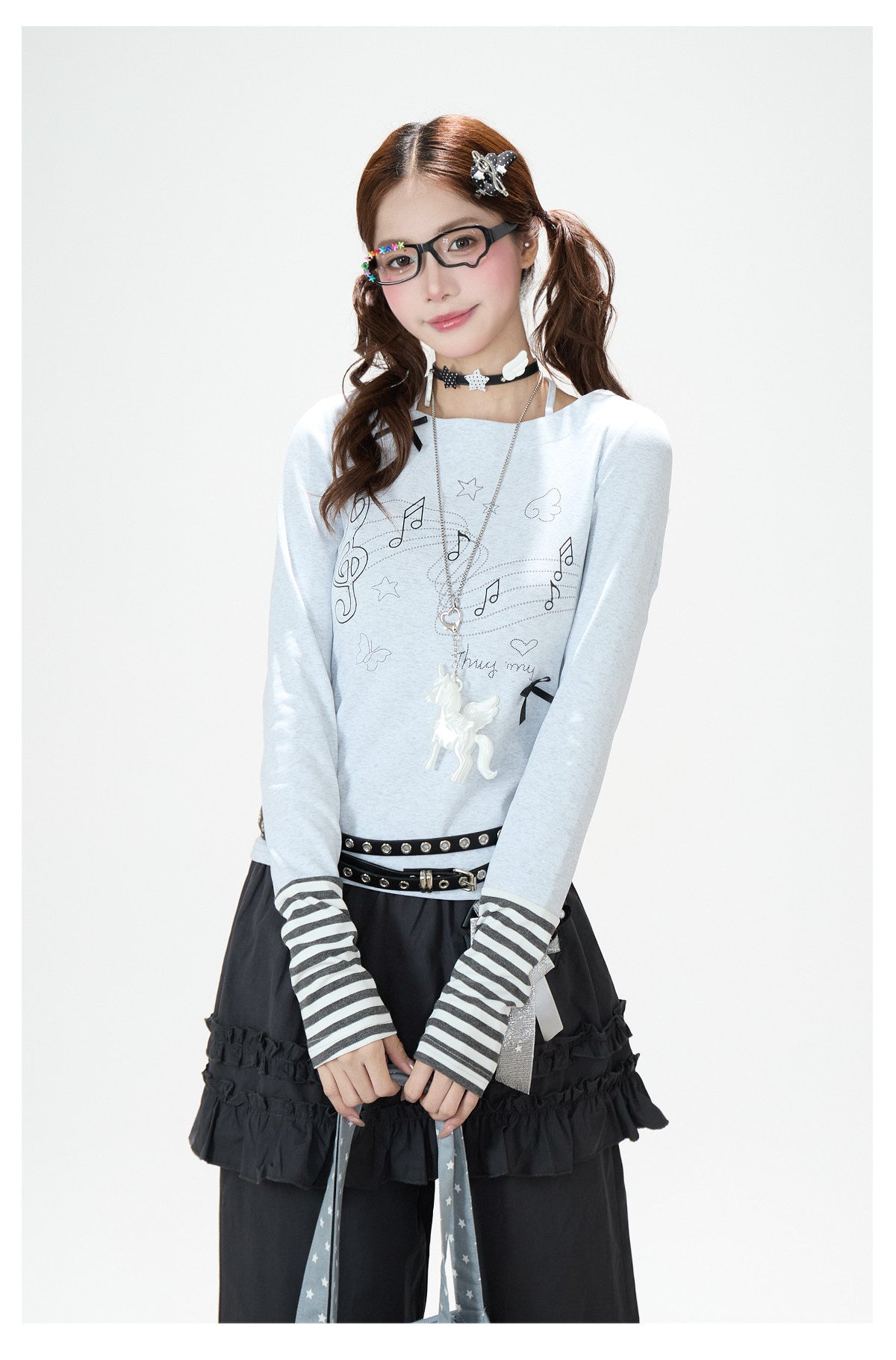 Music Note Bow Stripe-Cuff Long Sleeve Top & Ruffle Overlay Wide-Leg Pants