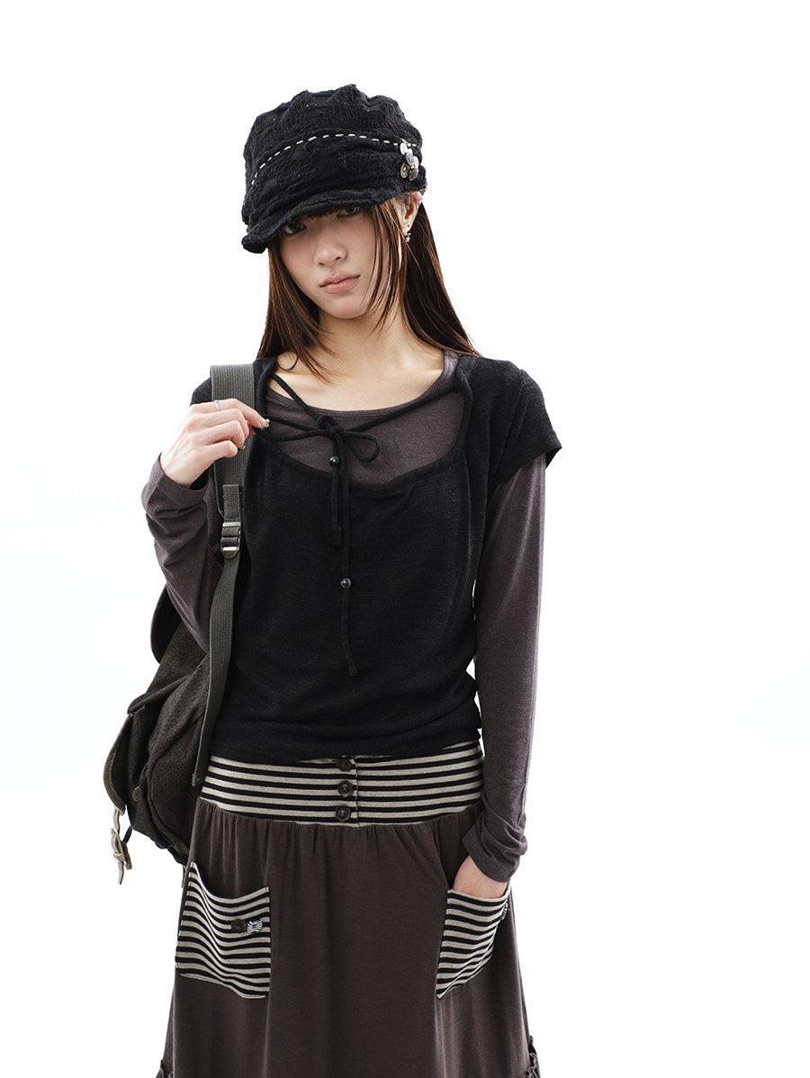 Tie-Front Textured Top & Long Sleeve Two-Piece Set