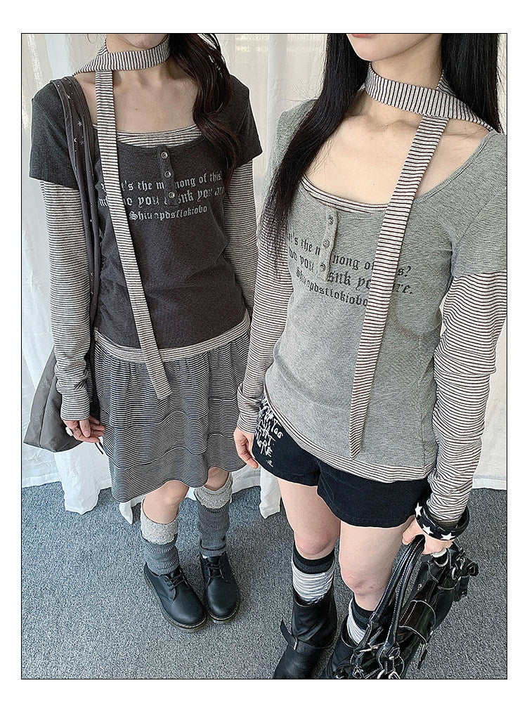 Graphic Layered Henley Long Sleeve Top with Neck Tie