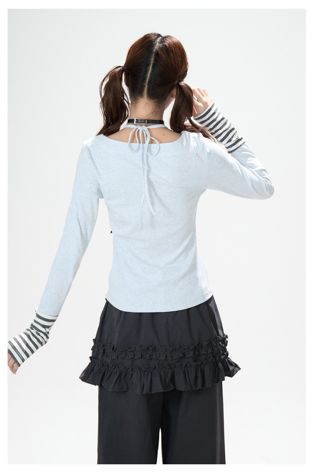 Music Note Bow Stripe-Cuff Long Sleeve Top & Ruffle Overlay Wide-Leg Pants
