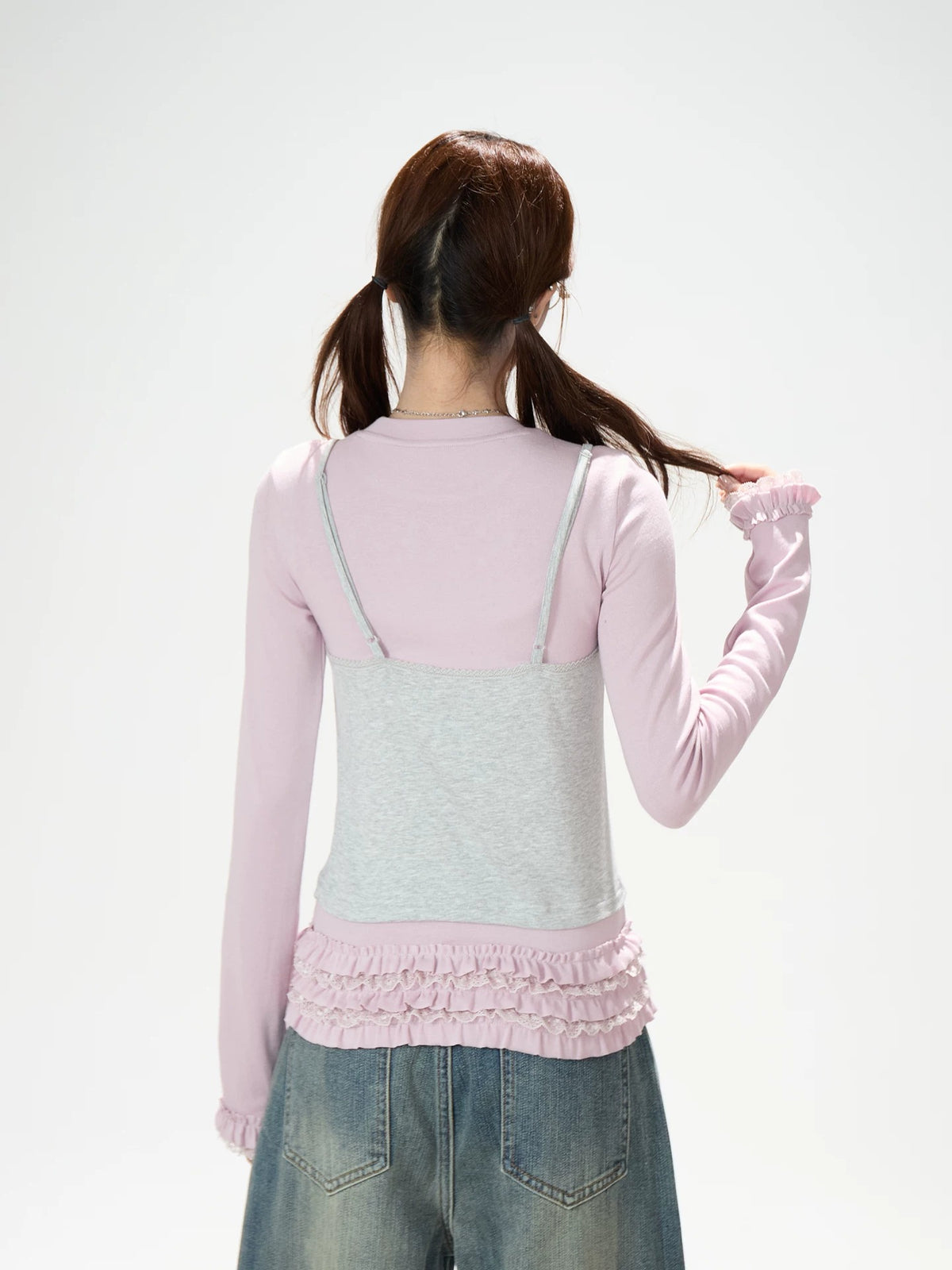 Gray Pink Layered Lace Ruffle Long Sleeve Top