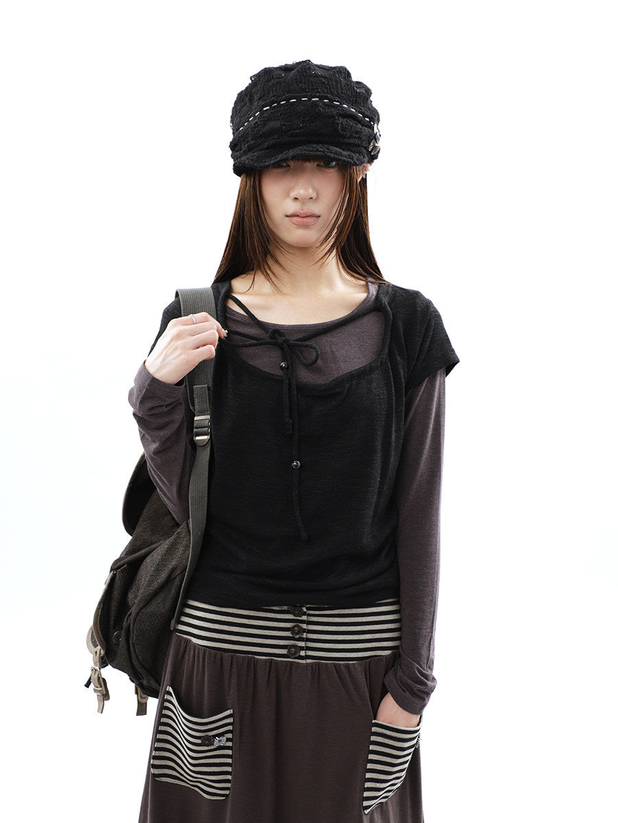 Tie-Front Textured Top & Long Sleeve Two-Piece Set