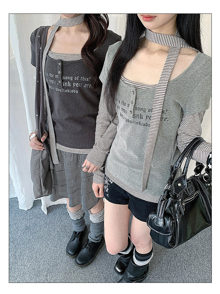 Graphic Layered Henley Long Sleeve Top with Neck Tie