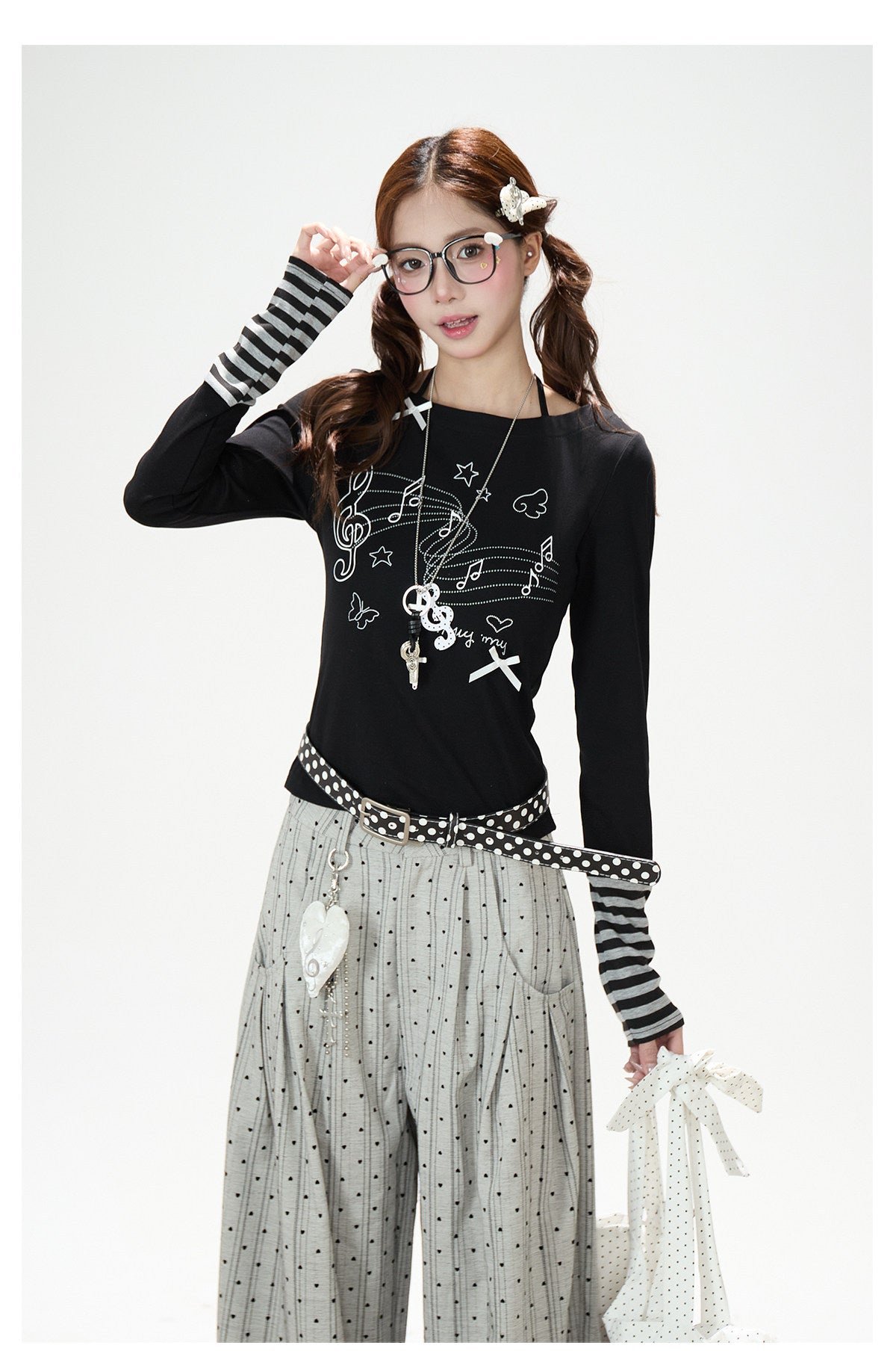 Music Note Bow Stripe-Cuff Long Sleeve Top & Ruffle Overlay Wide-Leg Pants
