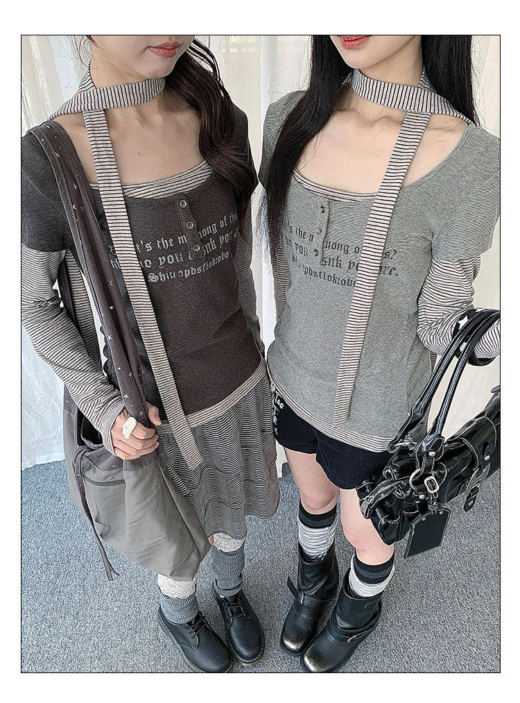 Graphic Layered Henley Long Sleeve Top with Neck Tie