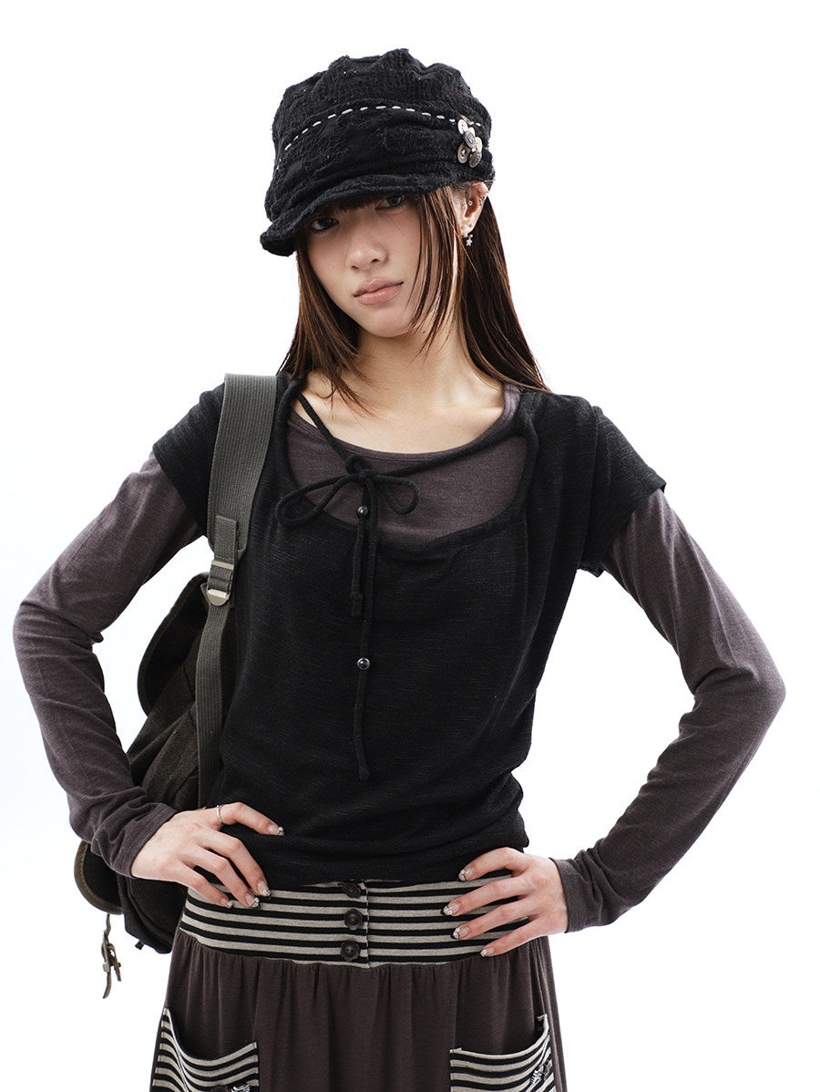 Tie-Front Textured Top & Long Sleeve Two-Piece Set
