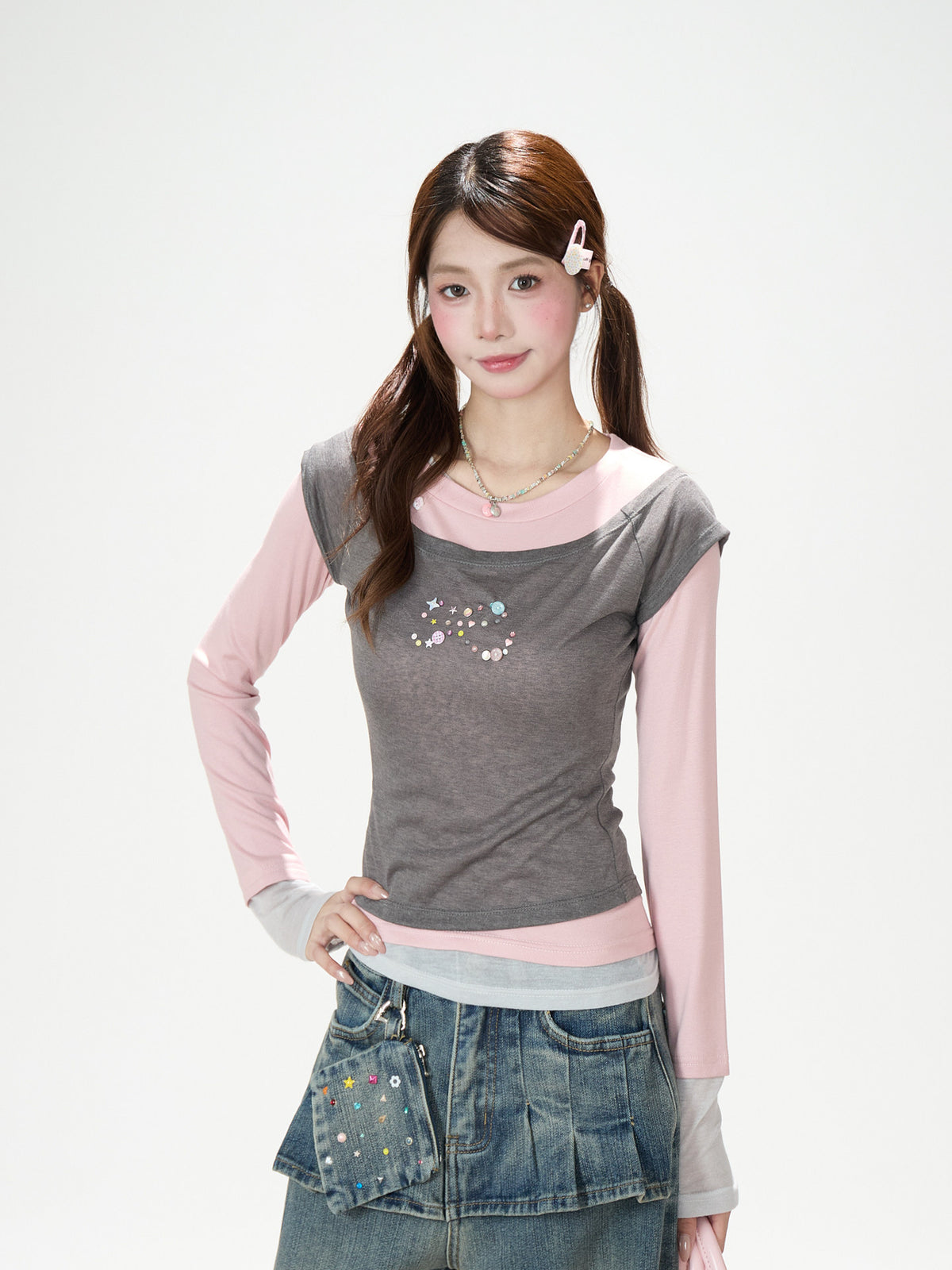 Contrast Faux Three-Layer Long Sleeve Top