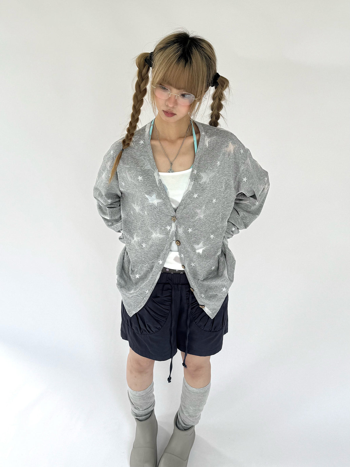 Star Print Lightweight V-Neck Cardigan