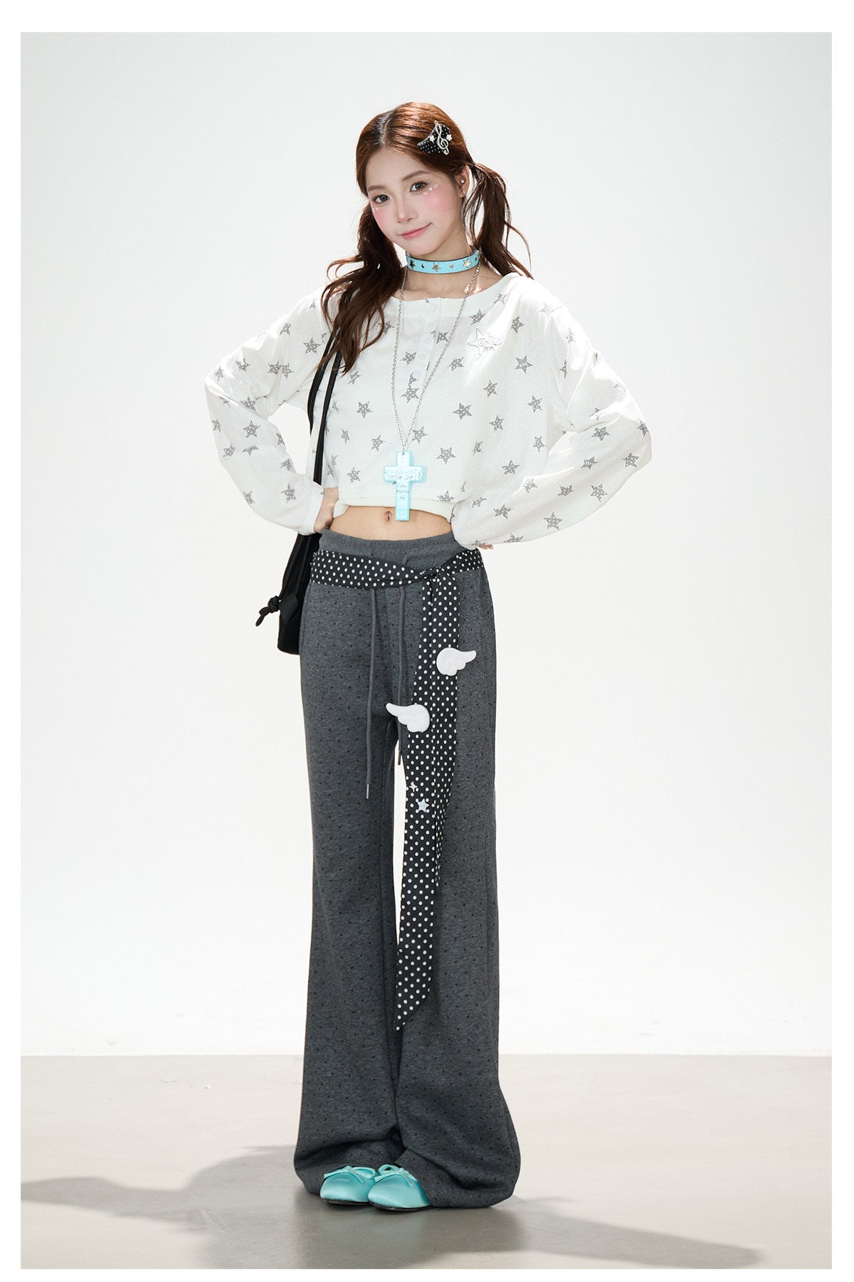 Allover Star Cropped Long Sleeve Top & Dark Heather Gray Wide Leg Pants
