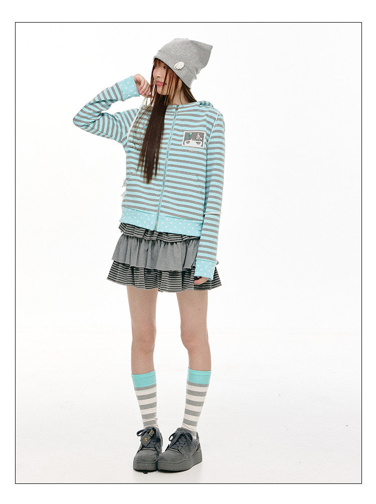 Mint & Gray Stripe Cat-Ear Zip Hoodie