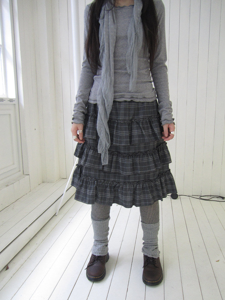 Vintage Gray Plaid Tiered Ruffle Skirt