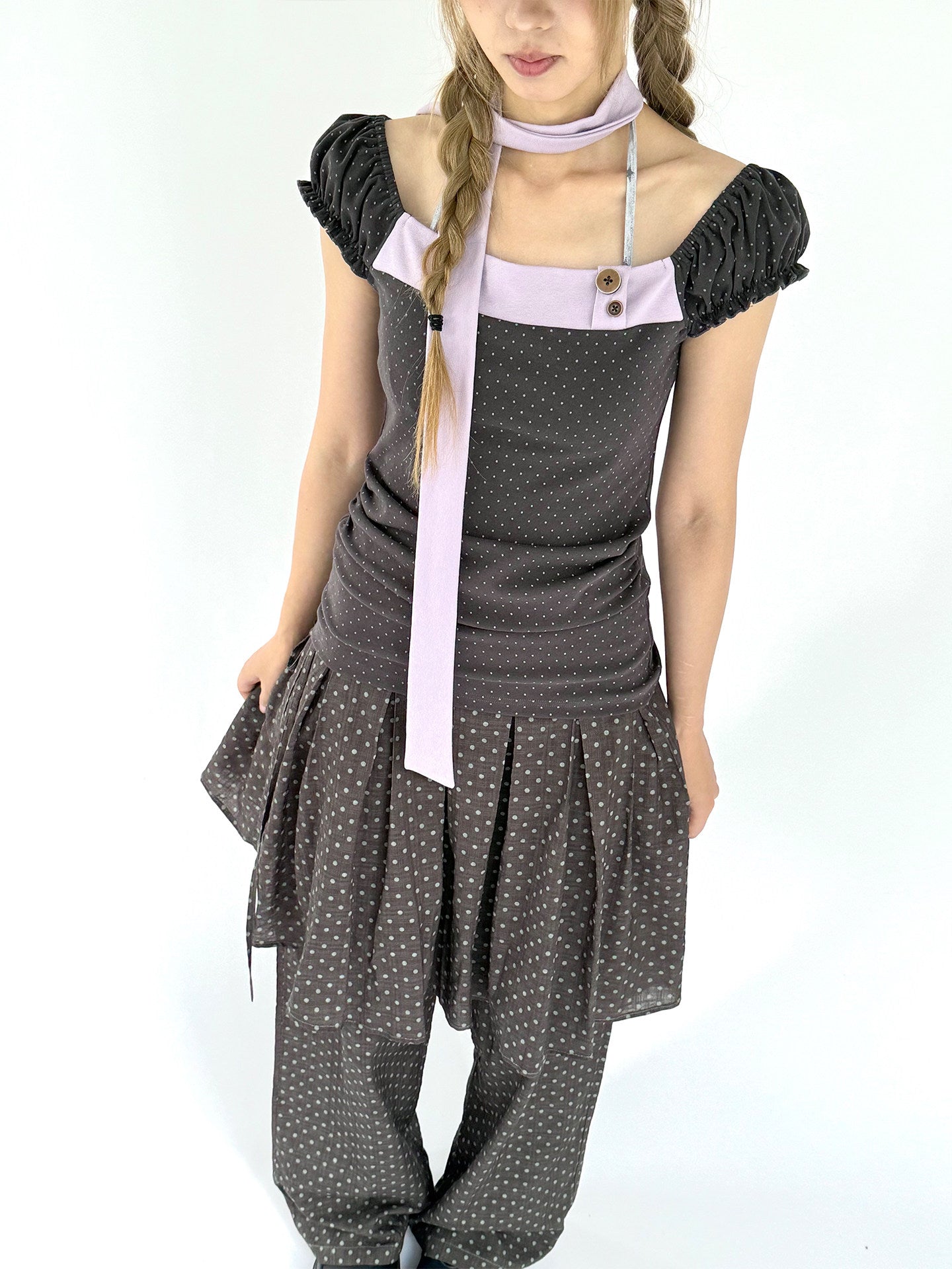 Lavender Bow Polka Dot Fitted Puff-Sleeve Top