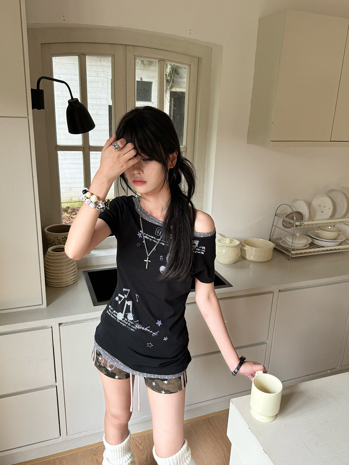 Asymmetric Music Note Faux-Layer Fitted Tee