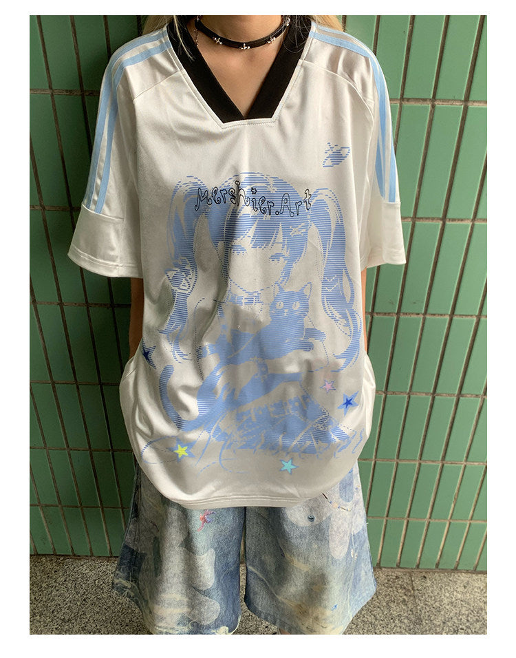Anime Girl Jersey — Y2K Glossy V-Neck