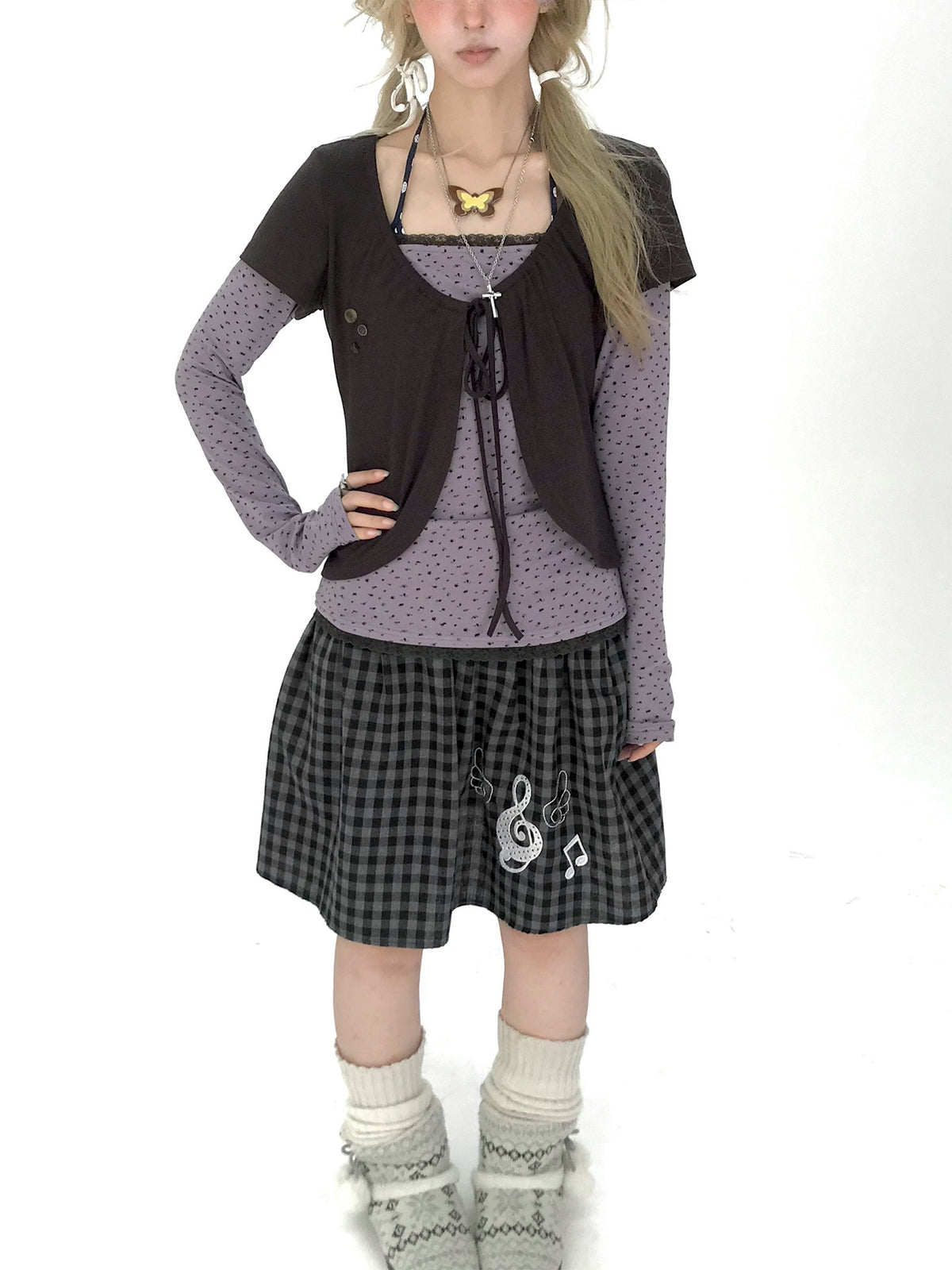 Striped Polka Dot Faux-Layered Button Long Sleeve Top