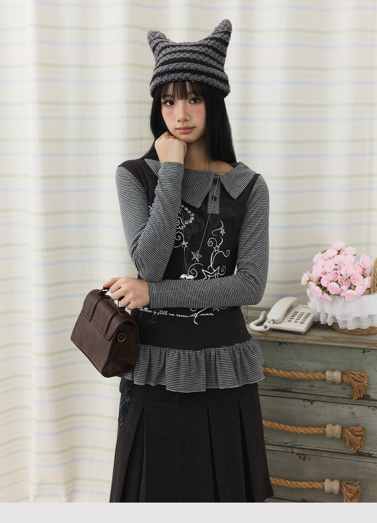 Graphic Stripe Faux-Layer Ruffle-Hem Long Sleeve Top