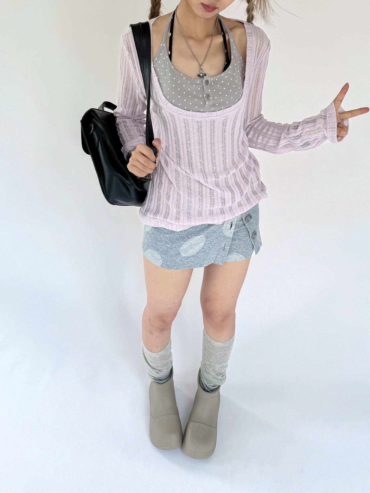 Wisteria Open-Knit Faux-Layer Long Sleeve Top