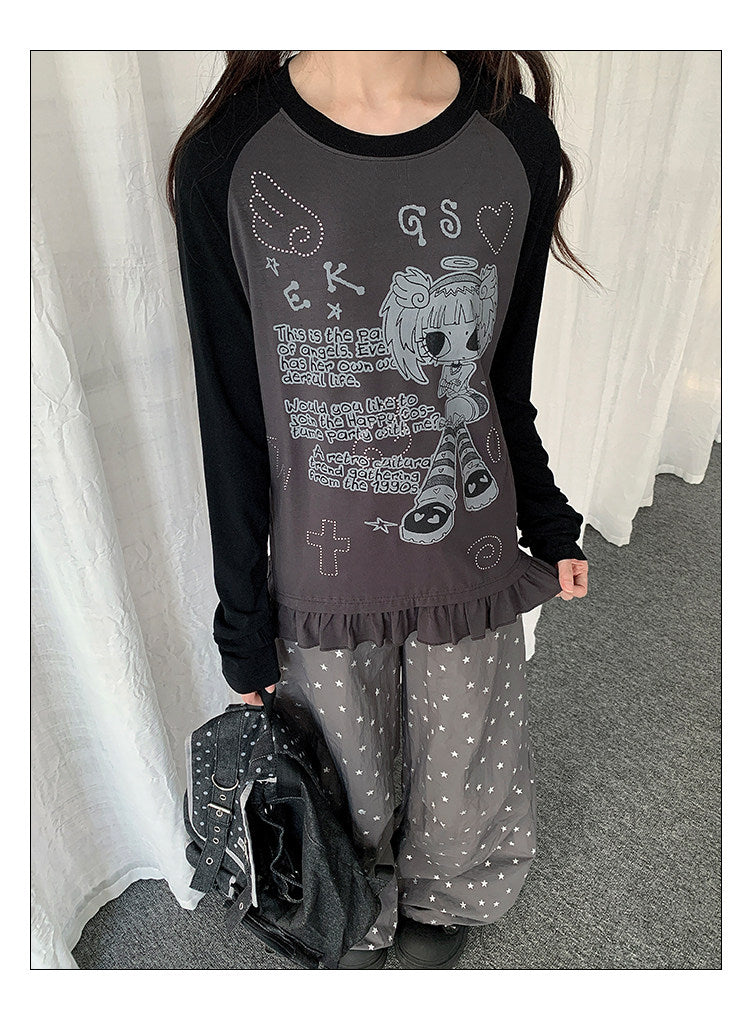 Angel Girl Graphic Raglan Ruffle Long Sleeve Top