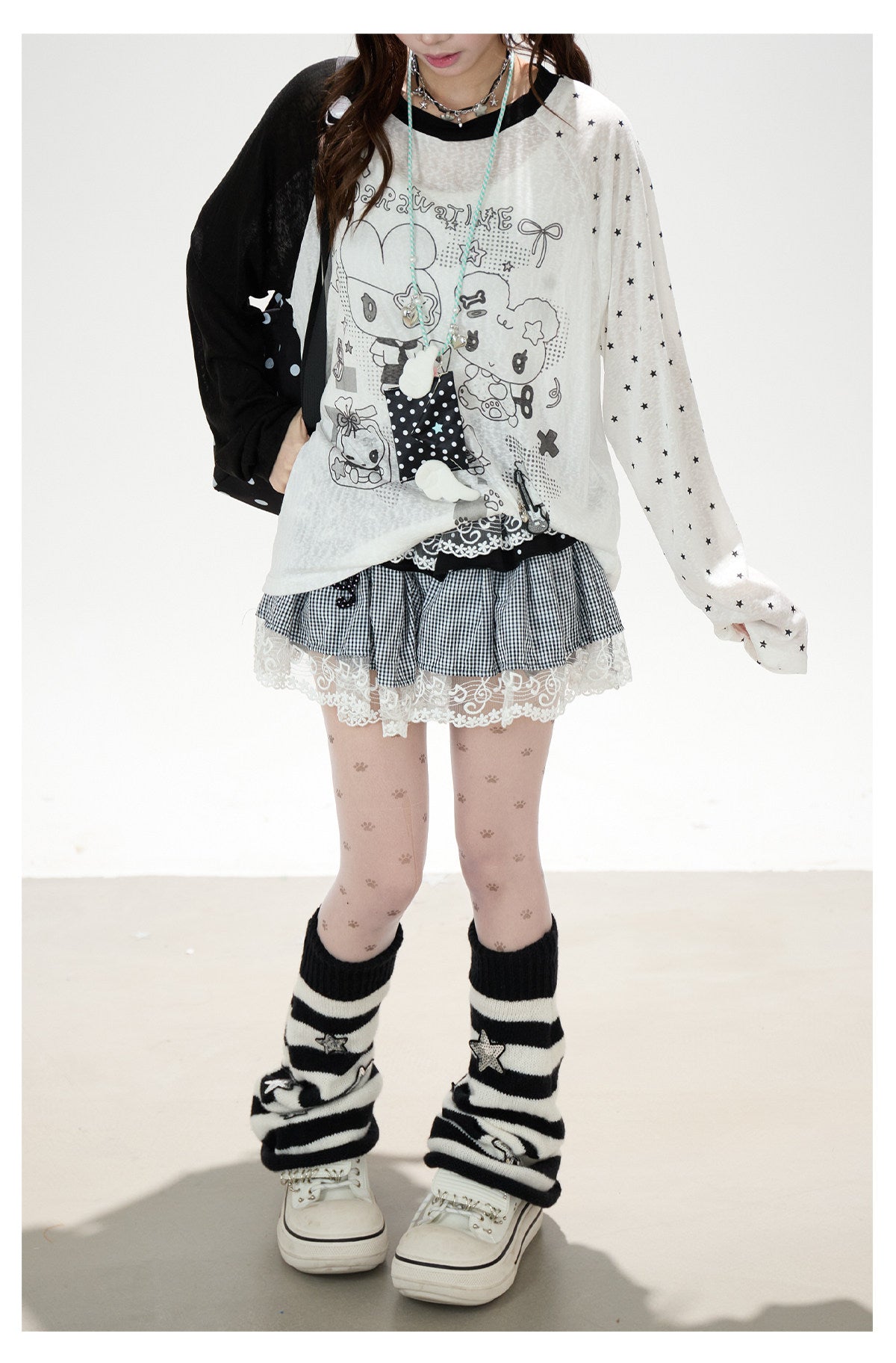Cartoon Star Sheer Long Sleeve Top & Black Music Lace Gingham Mini Skirt