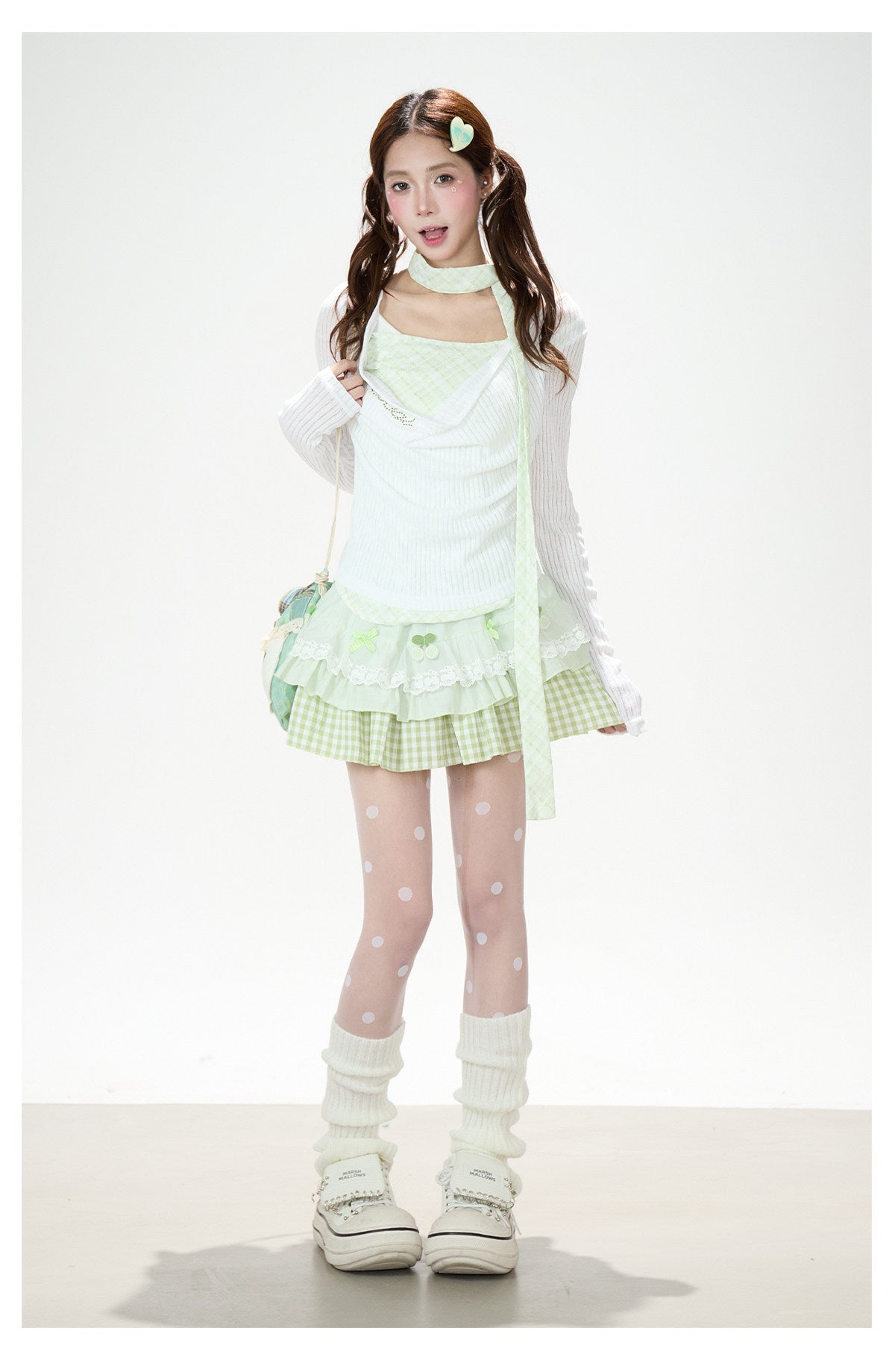 Mint Gingham Layered Knit Long Sleeve Top & Cherry Ruffle Mini Skirt