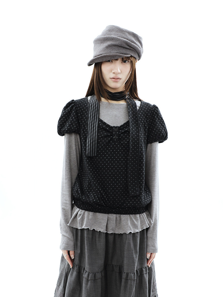 Polka Dot Layered Two-Piece Top Set with Scarf
