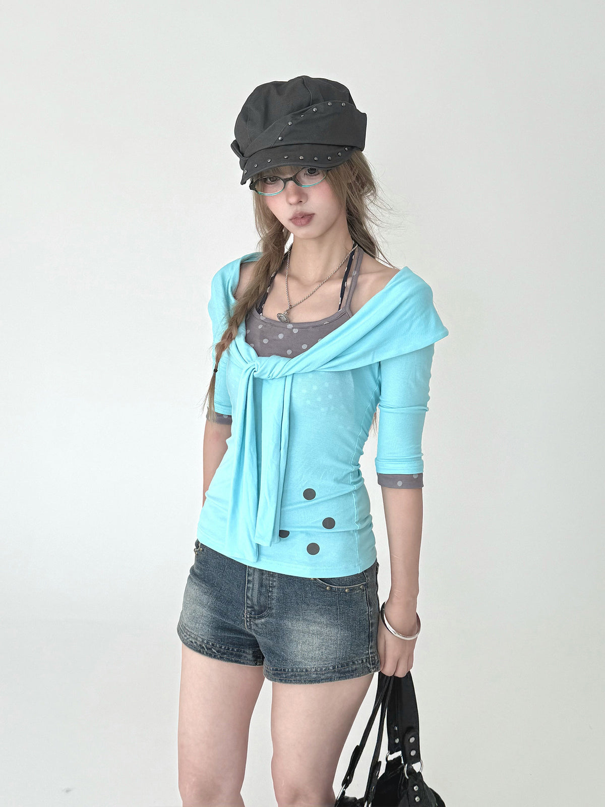 Aqua Tie-Front Faux Layered Henley Top