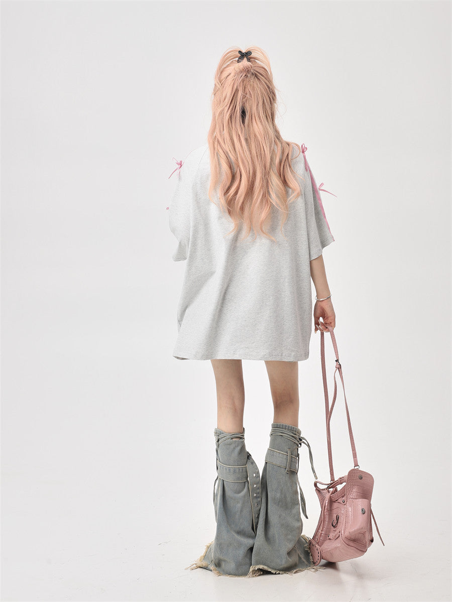Ribbon Embroidery Side-Stripe Tee — Oversized
