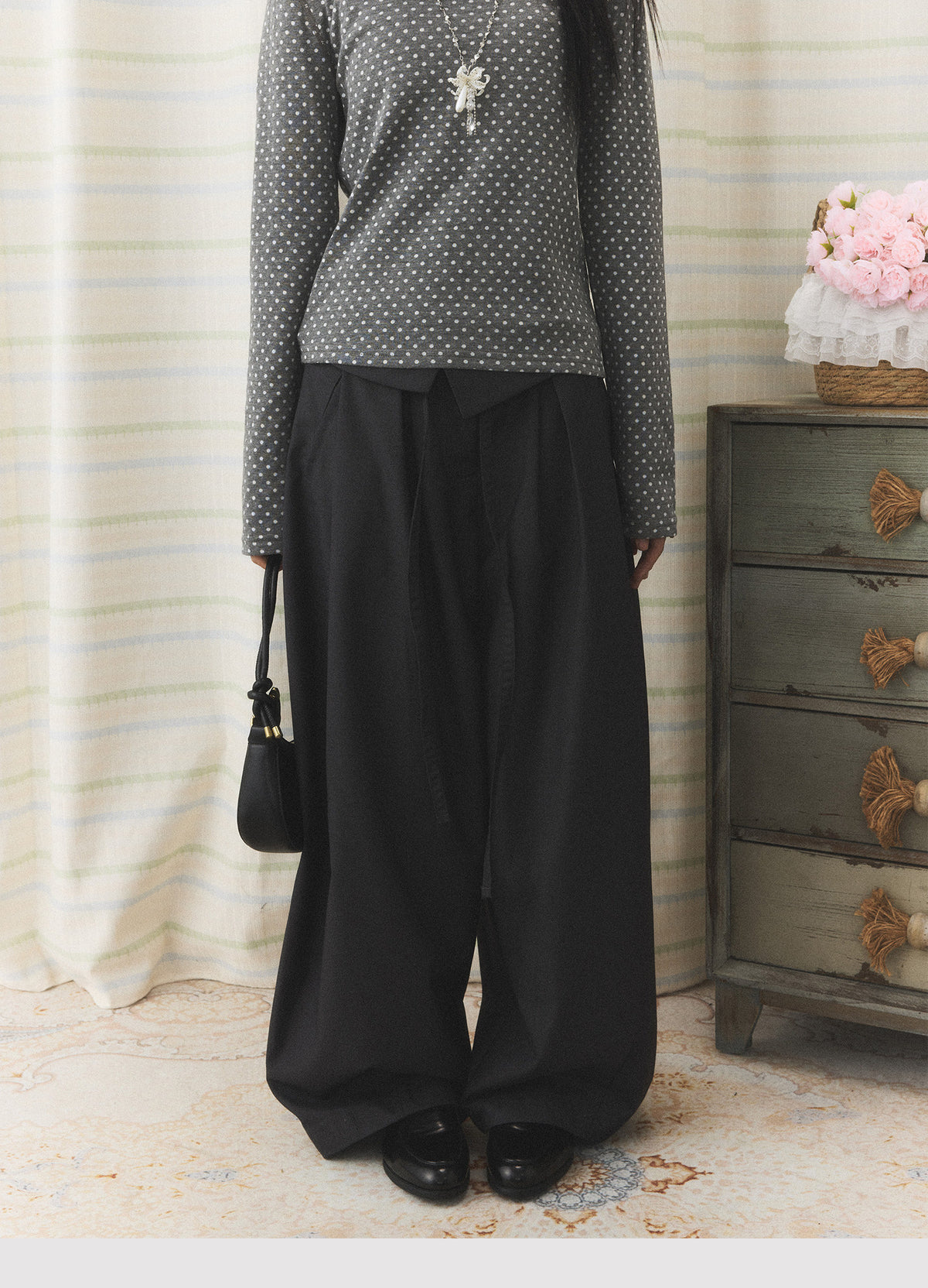 Foldover Tie Wide-Leg Trousers