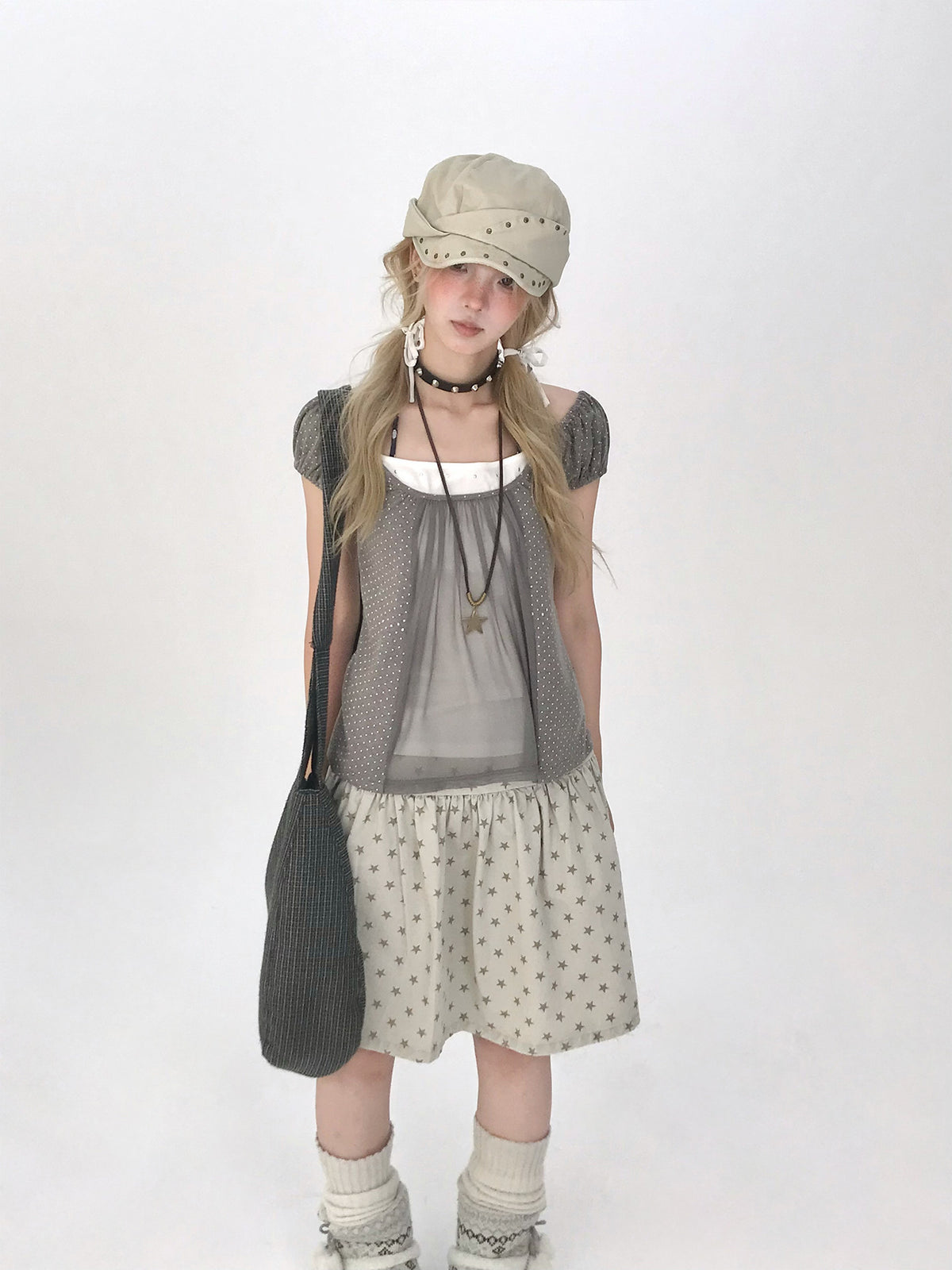 Polka Dot Mesh Panel Faux-Layered Short Sleeve Top