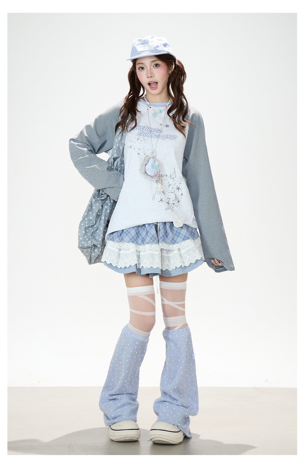 Striped Raglan Angel Graphic Long Sleeve Tee & Blue Plaid Lace Ruffle Skirt