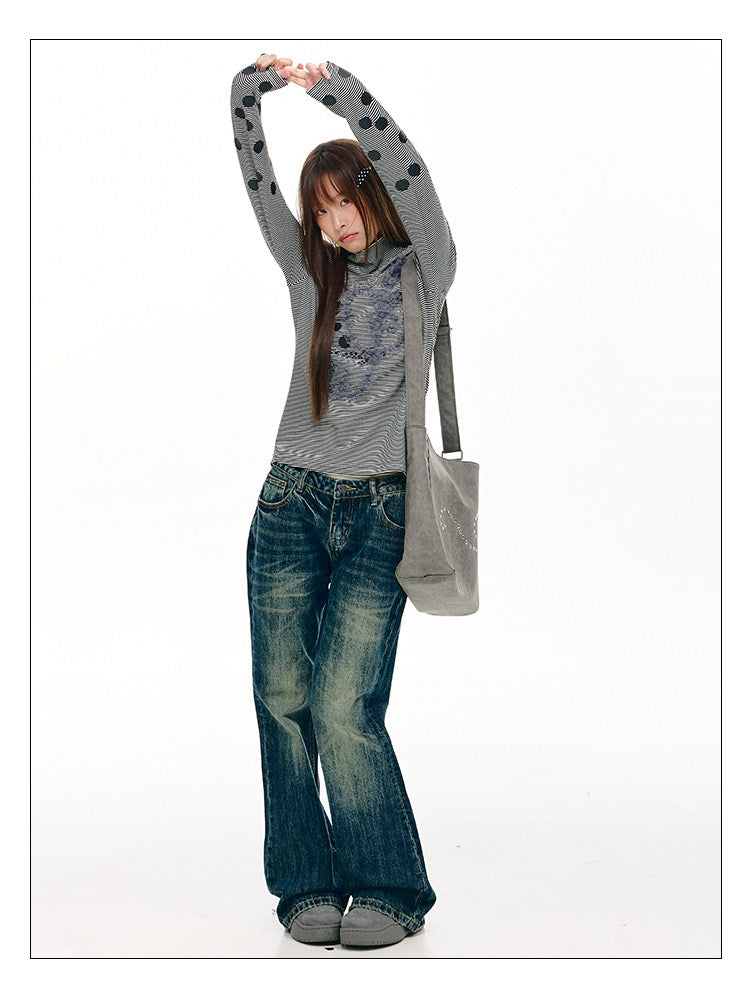 Lace Music Note Appliqué Mock Neck Long Sleeve Top