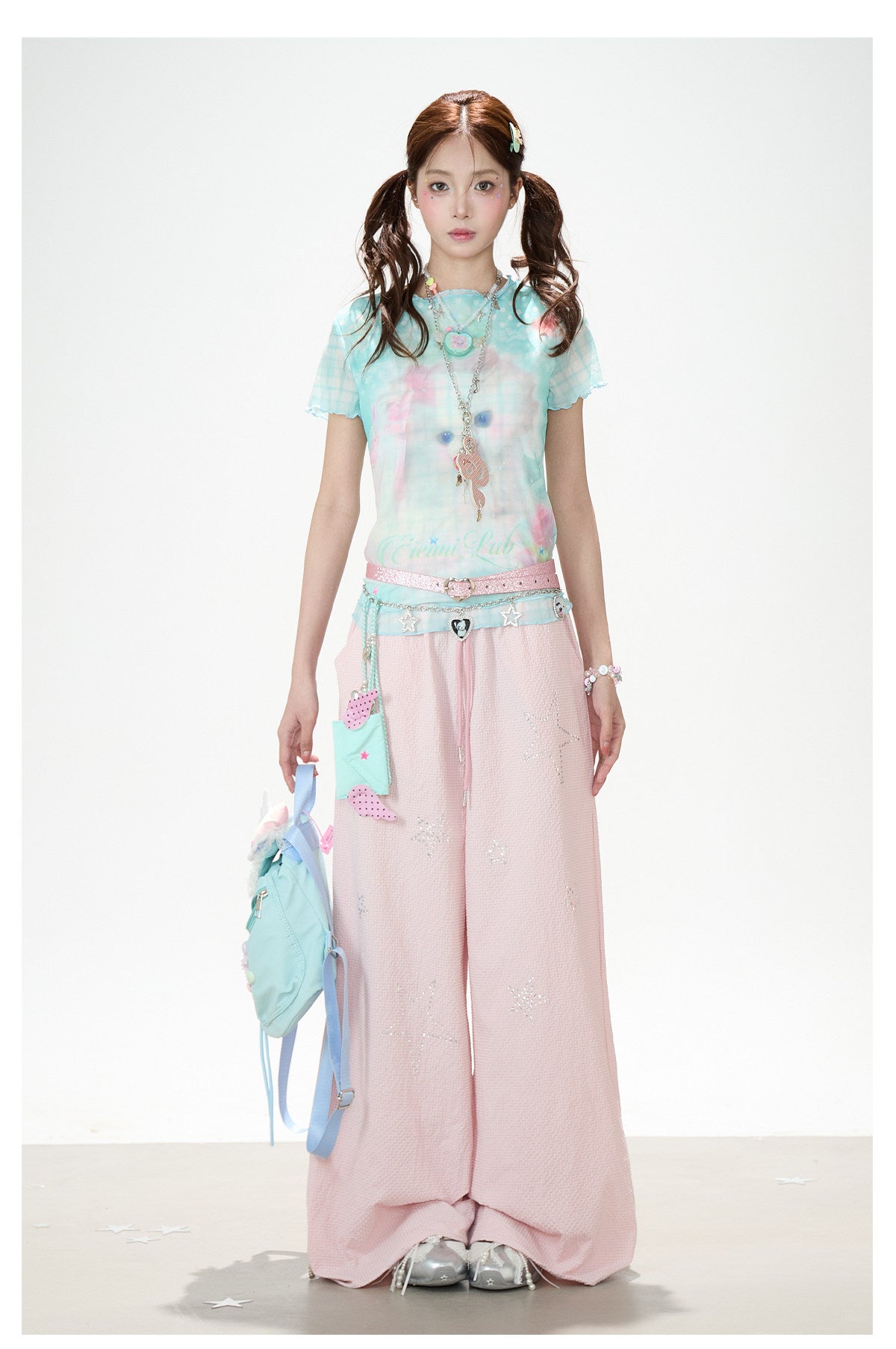 Pastel Cat Mesh Tee & Pink Star Wide-Leg Pants