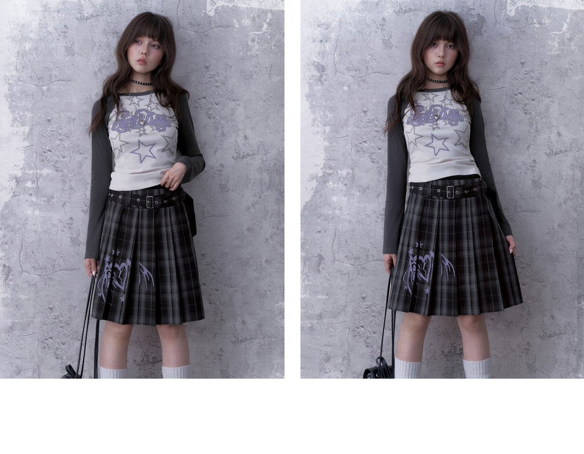 Double-Waist Graphic Plaid Pleated Midi Skirt